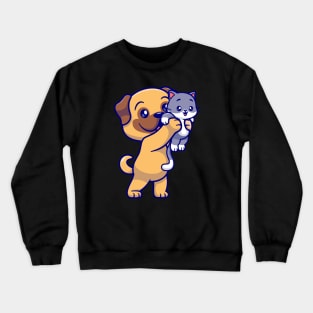 Cute Pug Dog Holding Baby Cat Cartoon Crewneck Sweatshirt